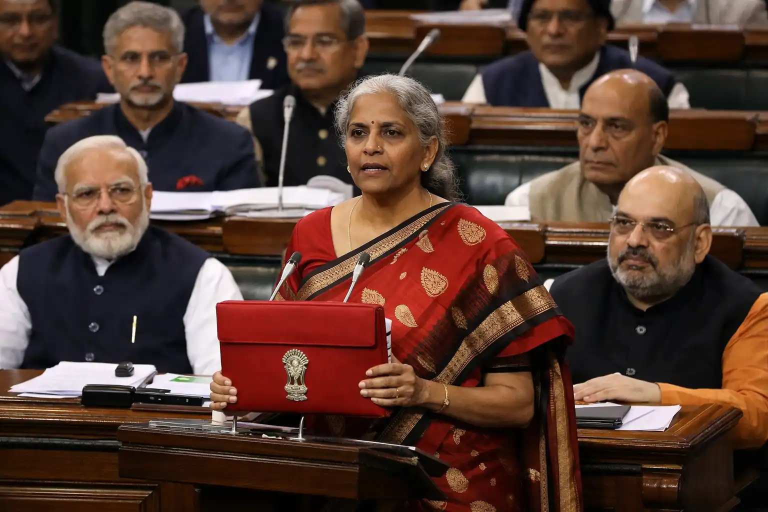 India&rsquo;s finance minister presenting the national budget in parliament, formal setting