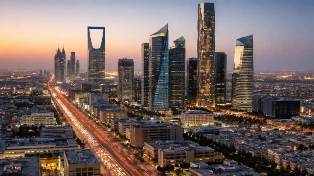 Riyadh skyline with modern financial district buildings at dusk