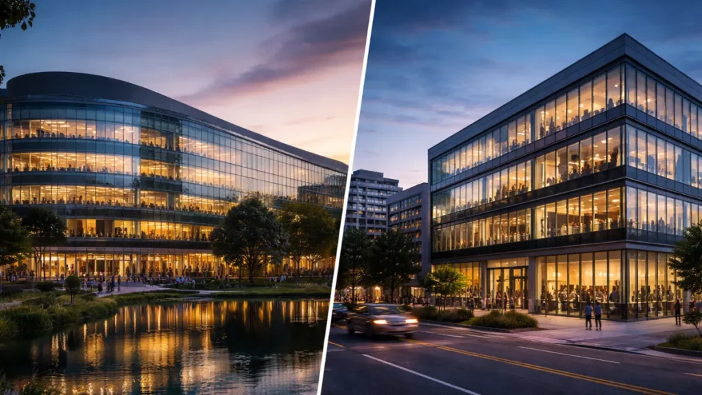 two modern office buildings at dusk