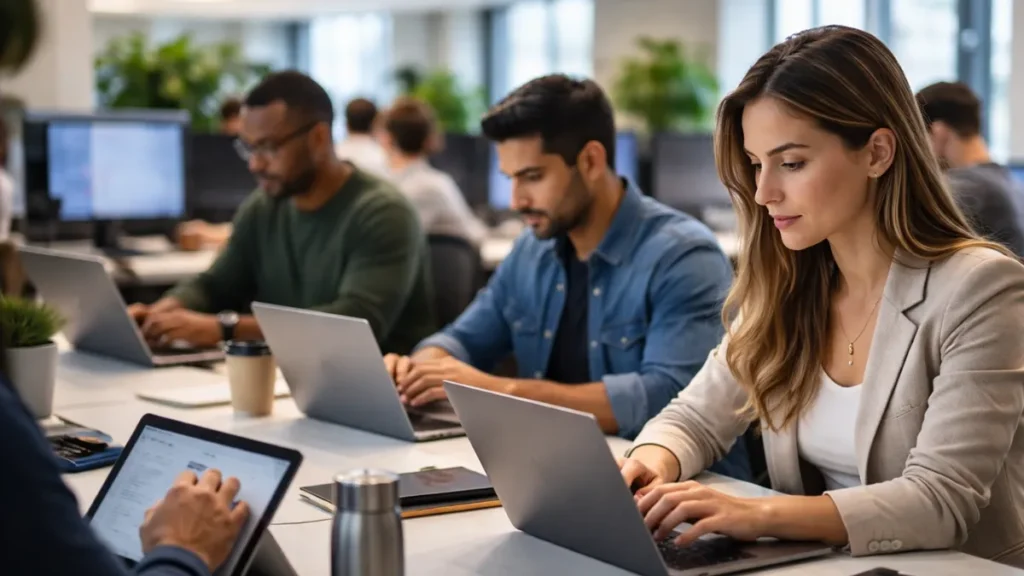 professionals working in a modern open-plan office, laptops and tablets in use