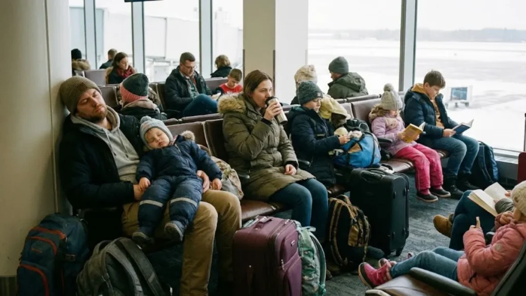 travelers waiting at an airport gate, families with children sitting on luggage