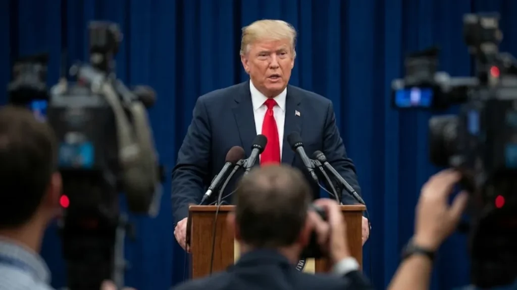 US President Donald Trump speaking at a podium indoors