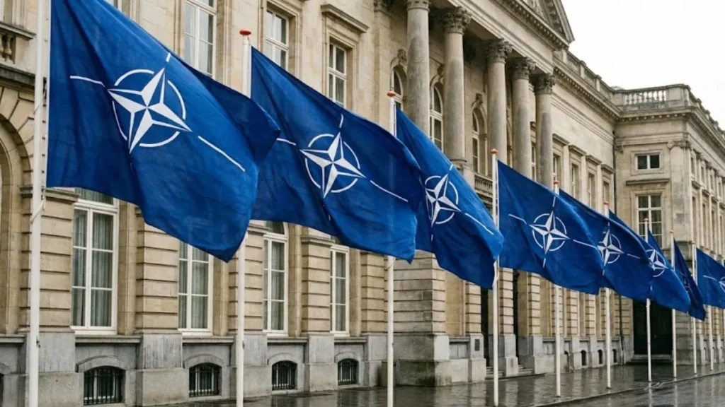 NATO flags displayed outside a European government building
