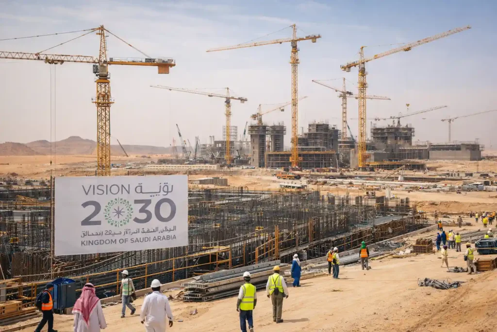 Construction site of a large Saudi Vision 2030 megaproject in the desert