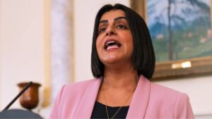 Home Secretary Shabana Mahmood addressing Parliament or a press conference
