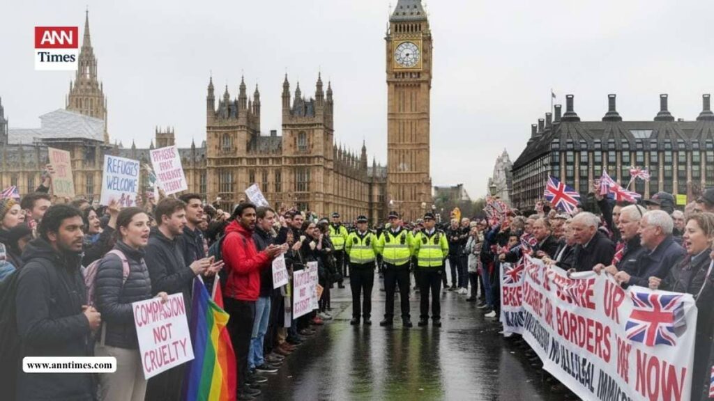 A diverse group of protesters outside Parliament holding signs like "Refugees Welcome" vs. "Secure Borders Now," capturing the polarized debate.