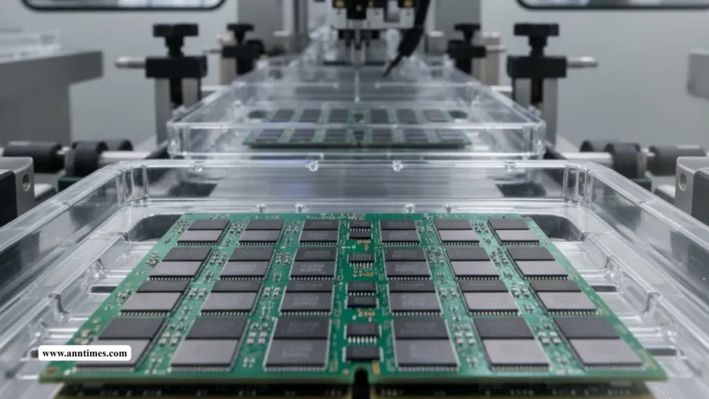 LPDDR memory modules under production in a semiconductor fab.