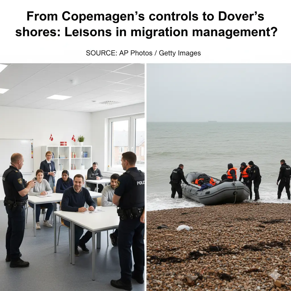 A split-image composite: Left side showing Danish border patrol or a refugee integration class; right side, UK small-boat migrants arriving on Dover Beach.